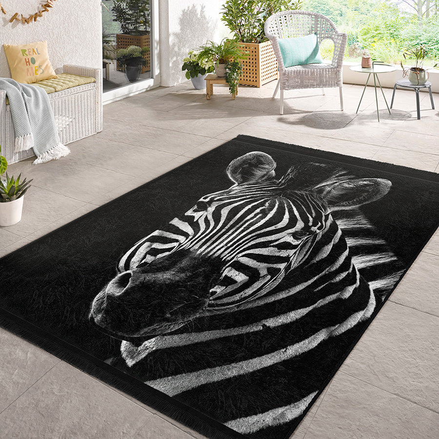 Zebra Noir Kaymaz Taban Yıkanabilir Dikdörtgen, Kare Halı