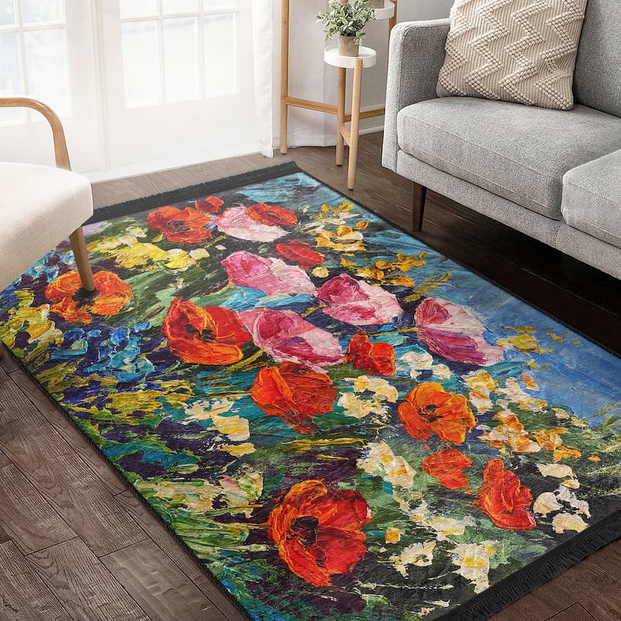 “Kır Çiçekleri ” Kaymaz Taban Yıkanabilir Dikdörtgen, Kare Halı