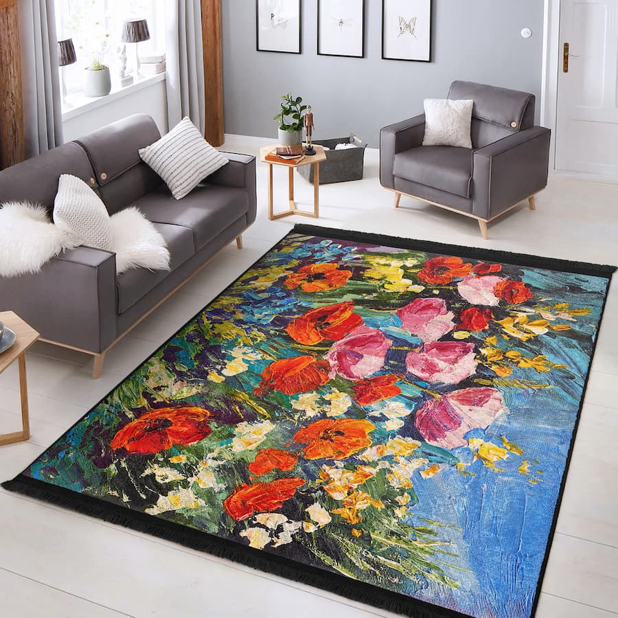 “Kır Çiçekleri ” Kaymaz Taban Yıkanabilir Dikdörtgen, Kare Halı