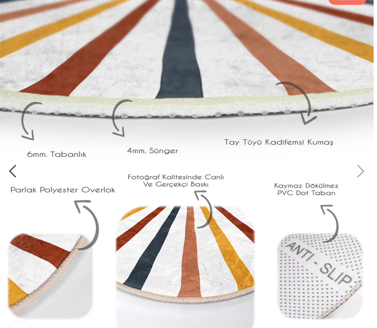 Çiçek Desenli Mavi Turuncu 2 Kaymaz Taban Yıkanabilir Yuvarlak Halı