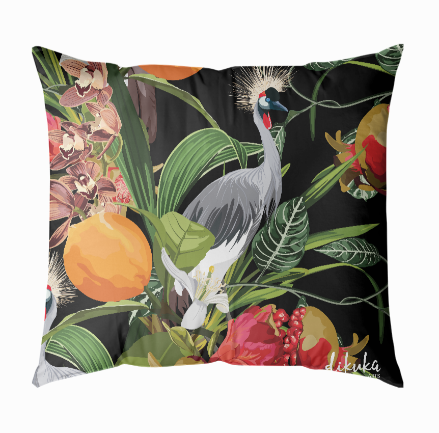 Tropikal Desenli Orkide ve Egzotik Kuş 43x43 Yastık Kılıfı