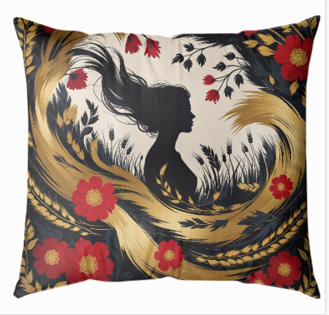 Khokhloma Ruhu: Kadın Silüetli Rus Folk Yastık Kılıfı 43x43 cm