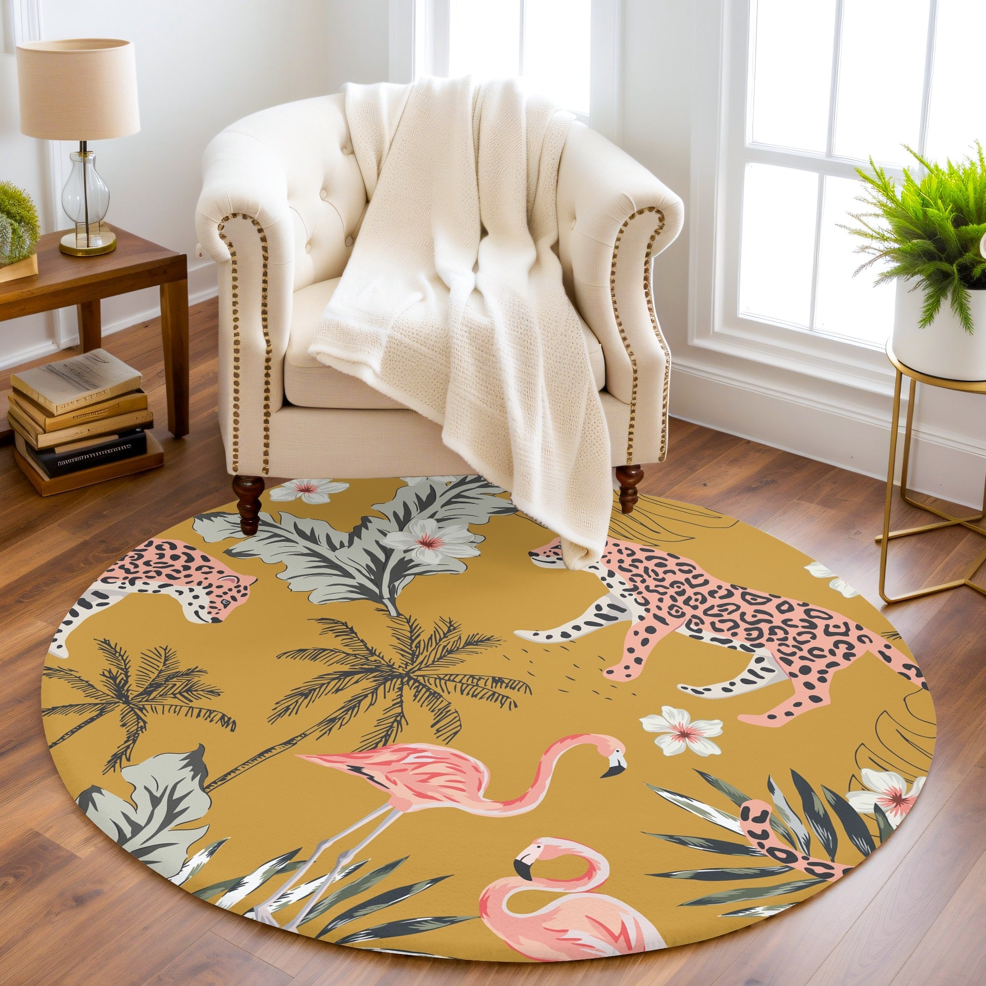 Hayvan Desenli Leopar Flamingo 2 Kaymaz Taban Yıkanabilir Yuvarlak Halı