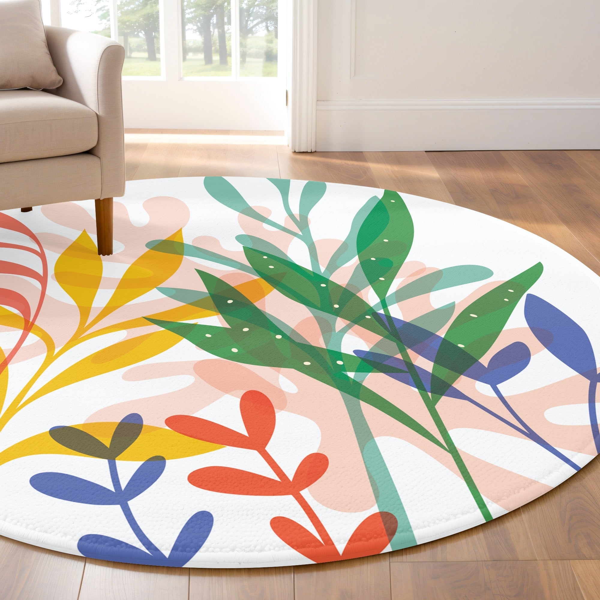 Tropikal Renkli Yapraklar Kaymaz Taban Yıkanabilir Yuvarlak Halı