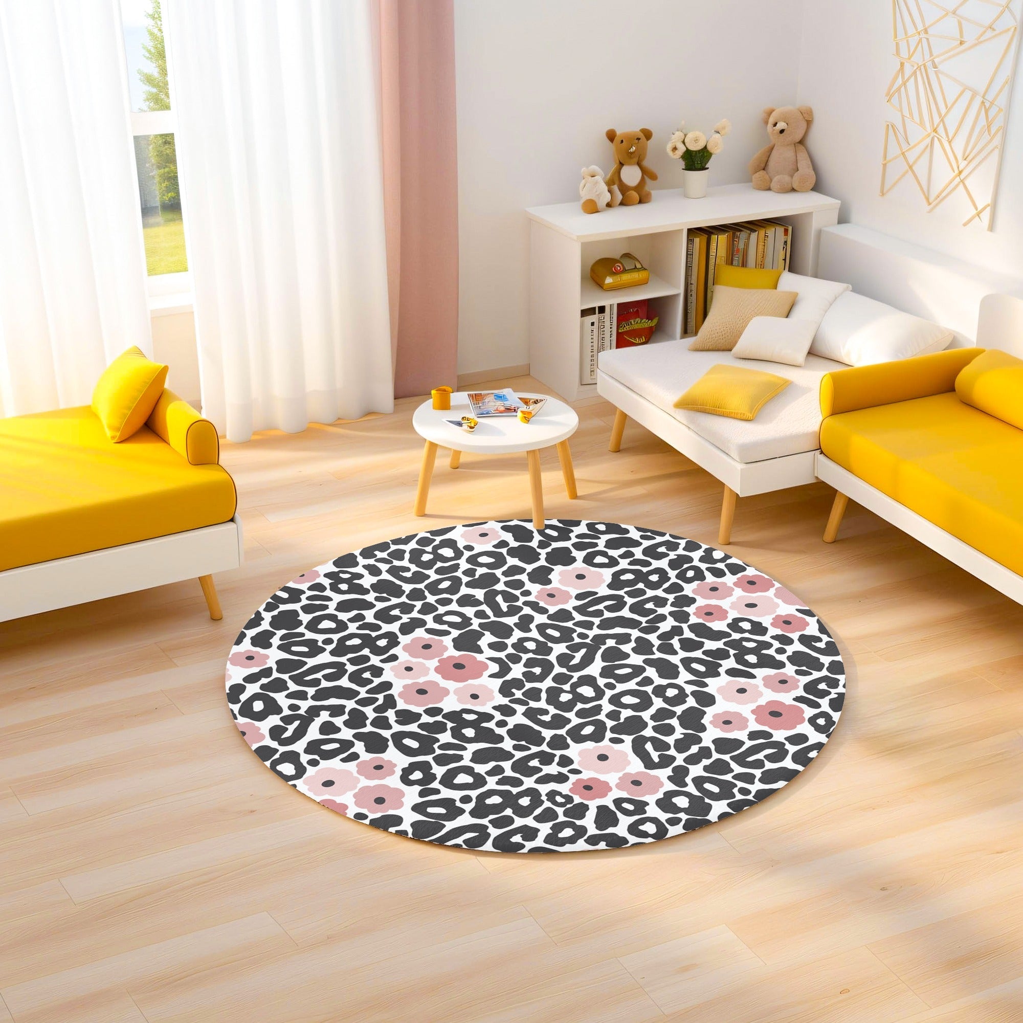 Hayvan Desenli Leopar Flamingo 3 Kaymaz Taban Yıkanabilir Yuvarlak Halı