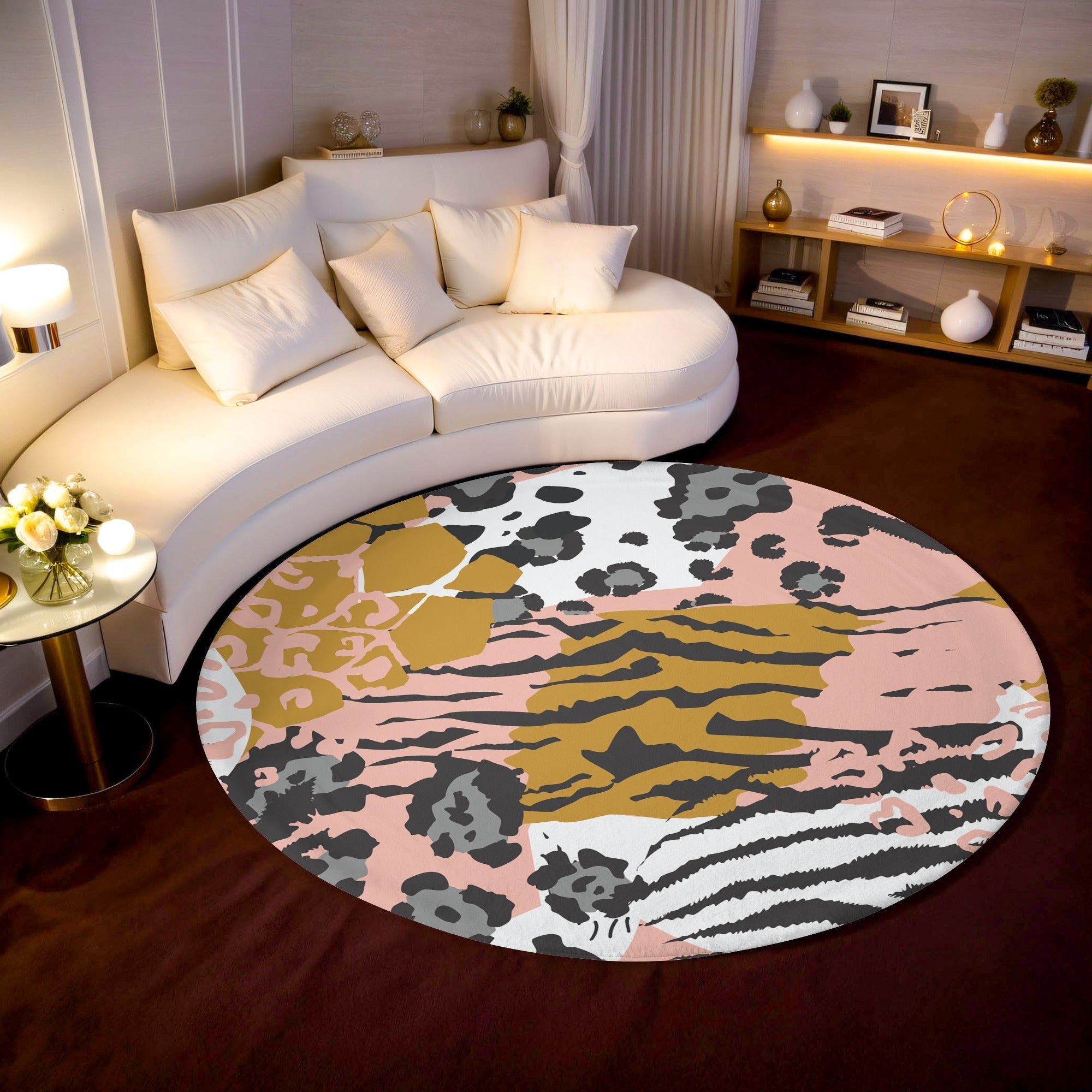 Hayvan Desenli Leopar Flamingo 1 Kaymaz Taban Yıkanabilir Yuvarlak Halı