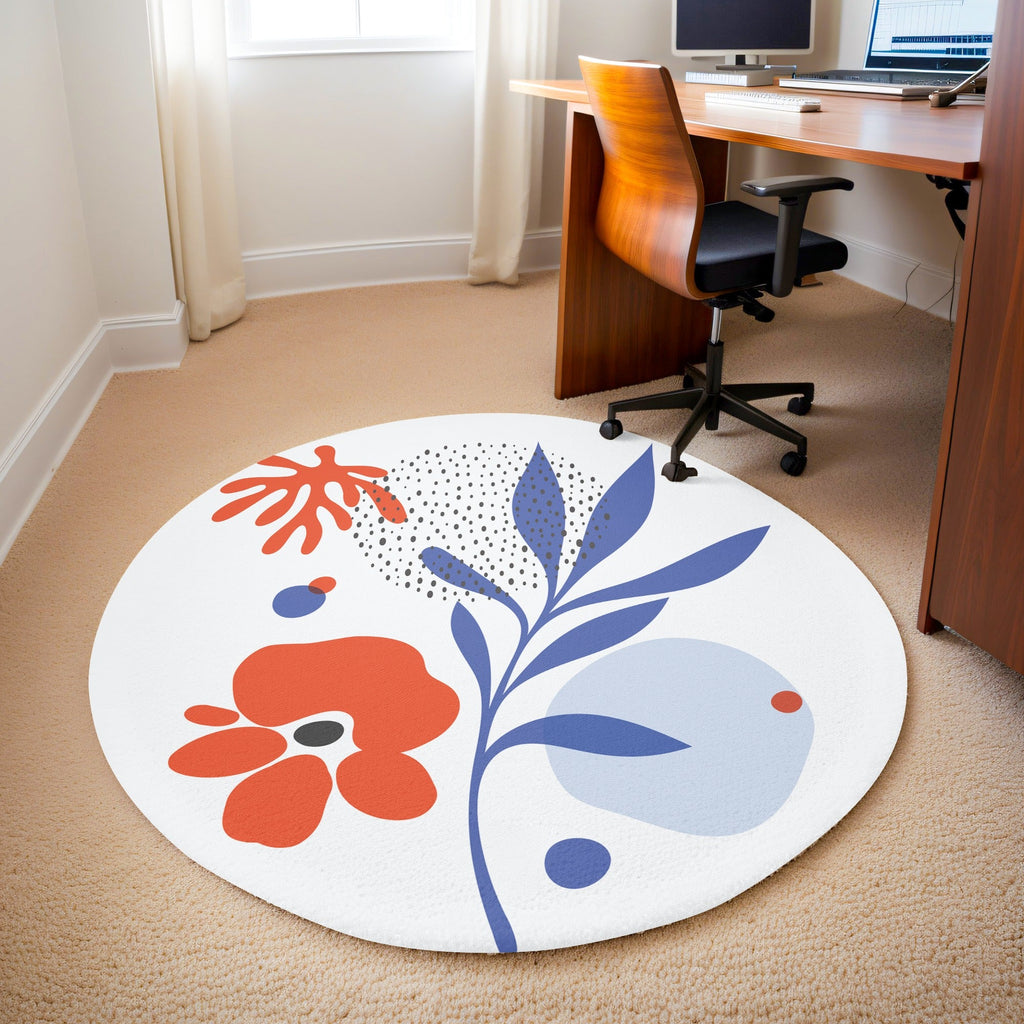 Çiçek Desenli Mavi Turuncu 2 Kaymaz Taban Yıkanabilir Yuvarlak Halı