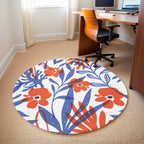 Çiçek Desenli Mavi Turuncu 1 Kaymaz Taban Yıkanabilir Yuvarlak Halı