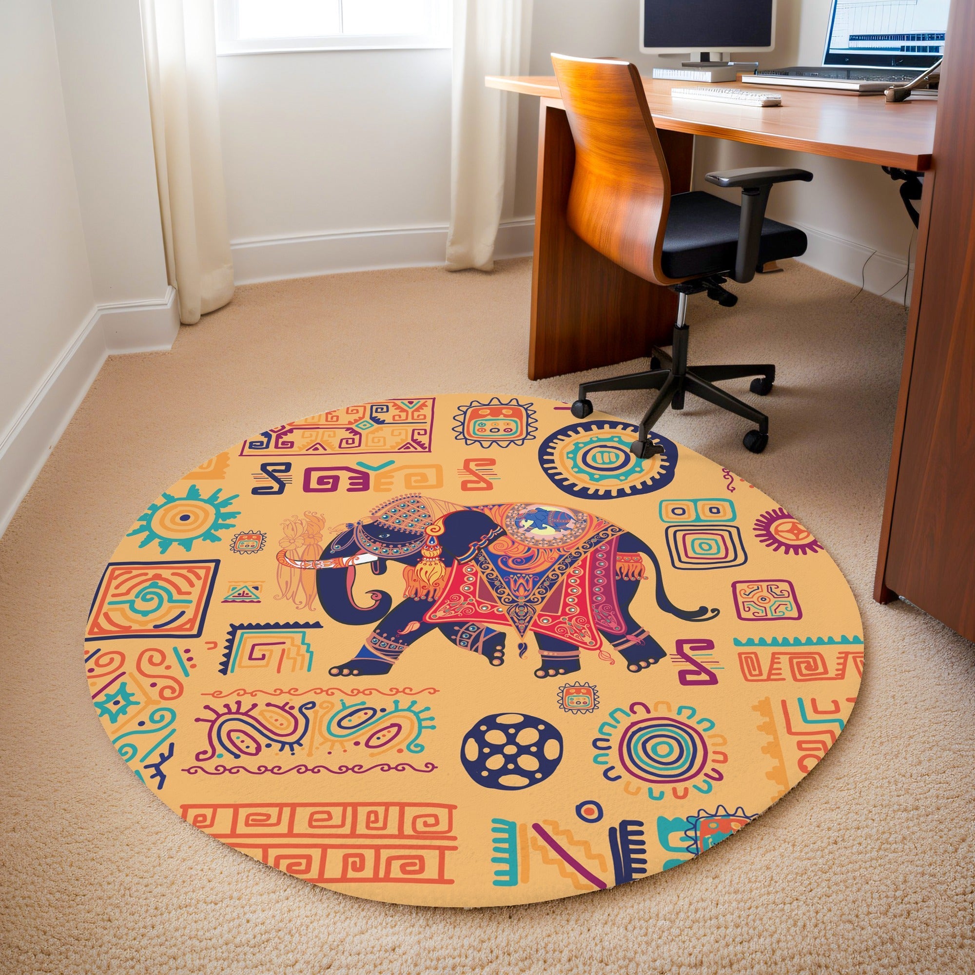 Hindistan Fili 2 Kaymaz Taban Yıkanabilir Yuvarlak Halı