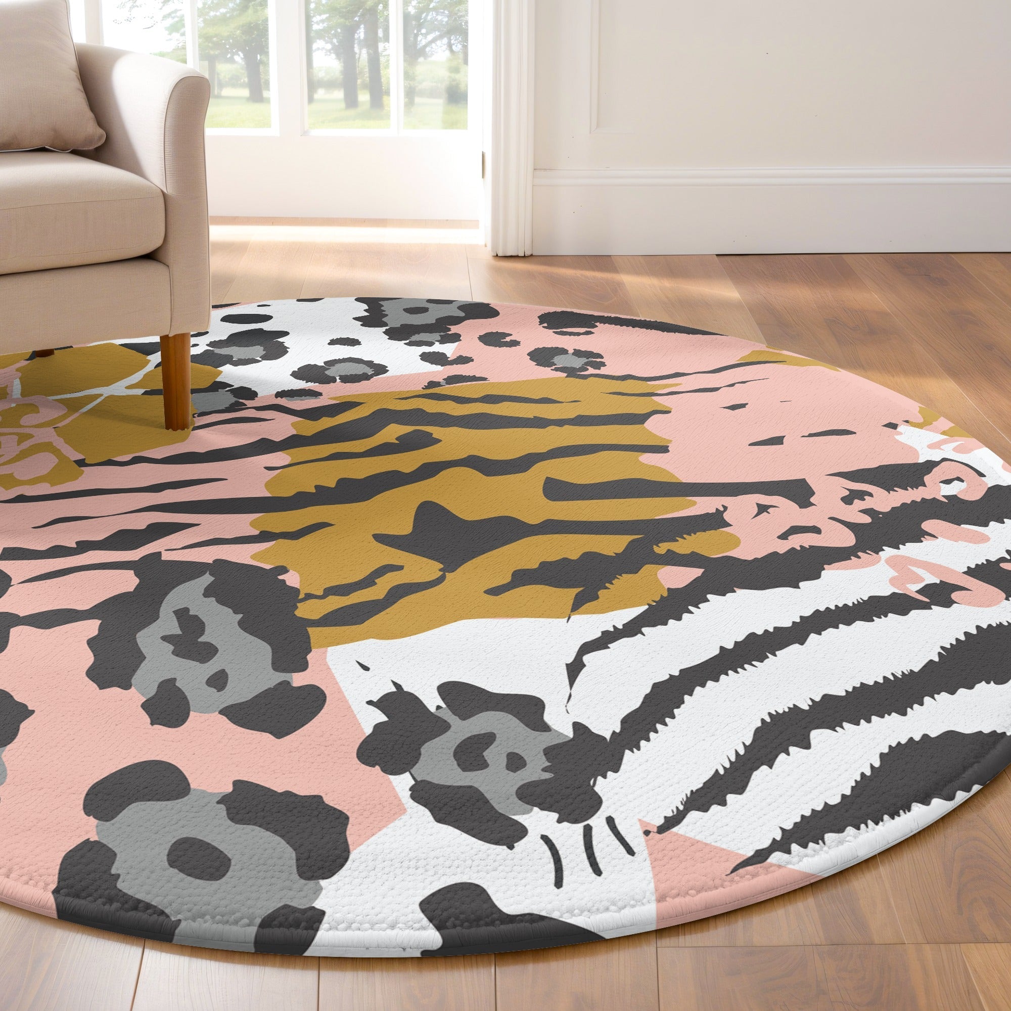 Hayvan Desenli Leopar Flamingo 1 Kaymaz Taban Yıkanabilir Yuvarlak Halı