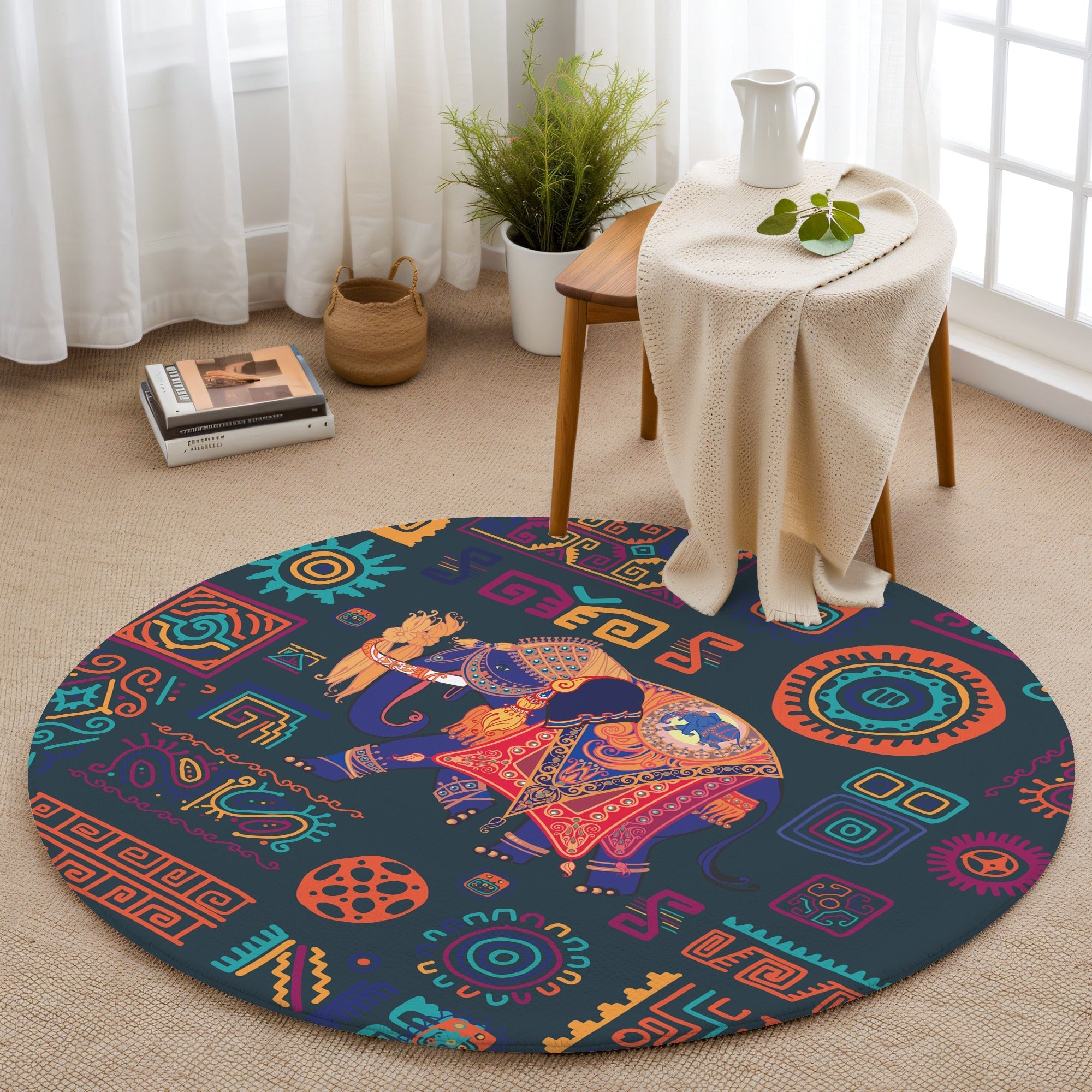 Hindistan Fili 1 Kaymaz Taban Yıkanabilir Yuvarlak Halı