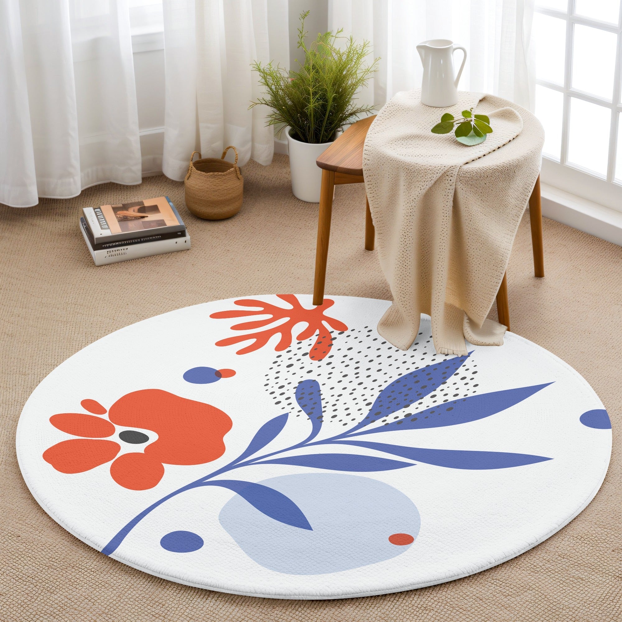 Çiçek Desenli Mavi Turuncu 2 Kaymaz Taban Yıkanabilir Yuvarlak Halı