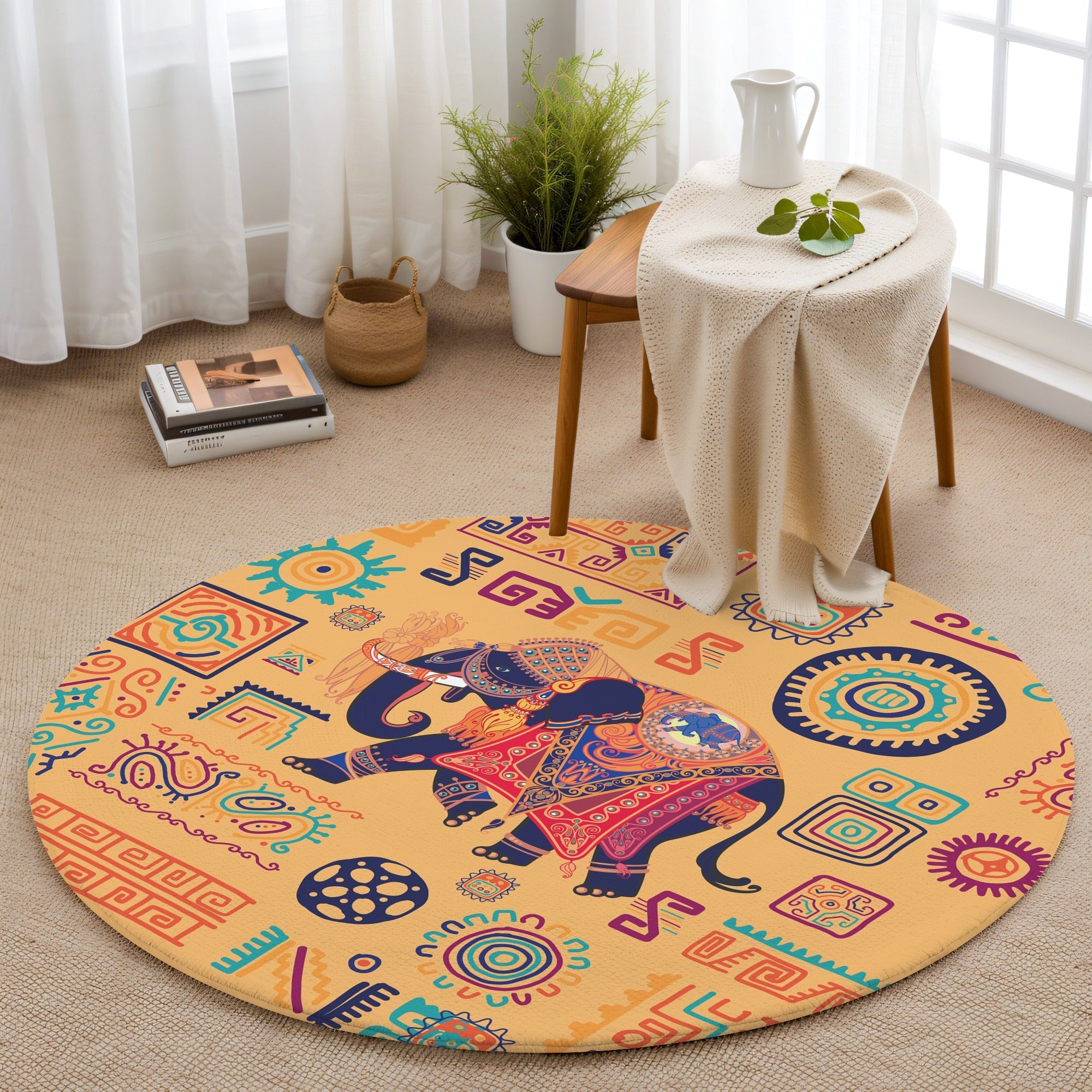 Hindistan Fili 2 Kaymaz Taban Yıkanabilir Yuvarlak Halı