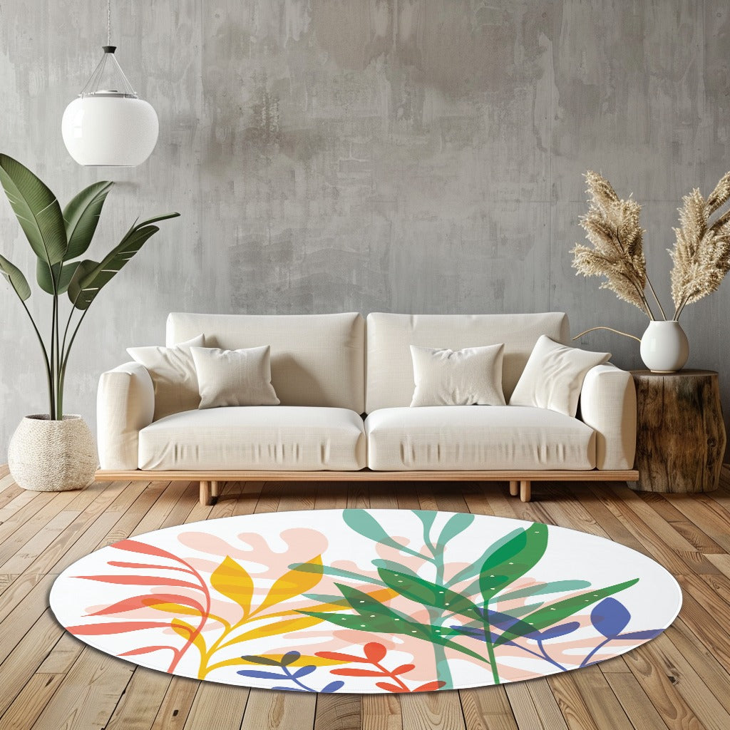 Tropikal Renkli Yapraklar Kaymaz Taban Yıkanabilir Yuvarlak Halı