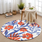 Çiçek Desenli Mavi Turuncu 1 Kaymaz Taban Yıkanabilir Yuvarlak Halı