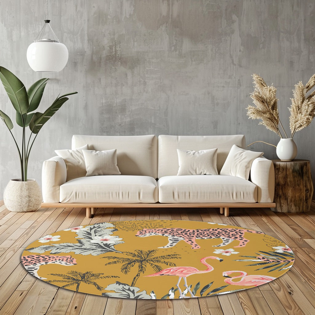Hayvan Desenli Leopar Flamingo 2 Kaymaz Taban Yıkanabilir Yuvarlak Halı