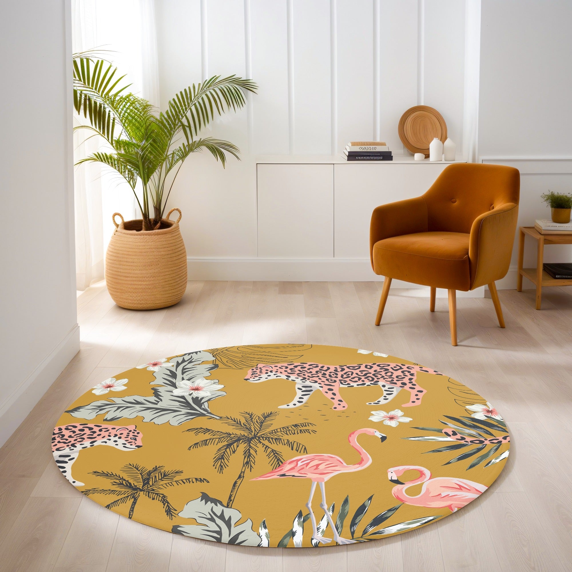 Hayvan Desenli Leopar Flamingo 2 Kaymaz Taban Yıkanabilir Yuvarlak Halı