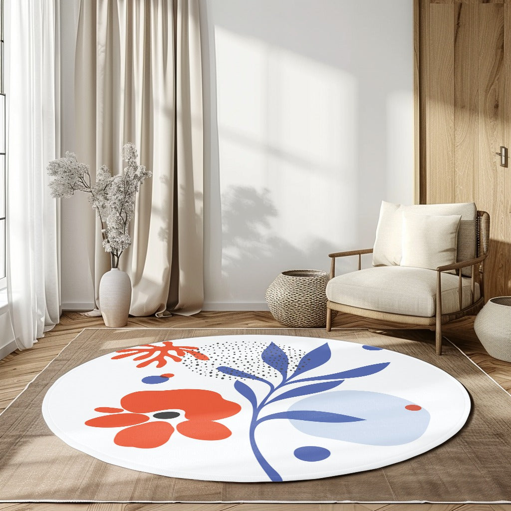 Çiçek Desenli Mavi Turuncu 2 Kaymaz Taban Yıkanabilir Yuvarlak Halı