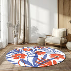 Çiçek Desenli Mavi Turuncu 1 Kaymaz Taban Yıkanabilir Yuvarlak Halı