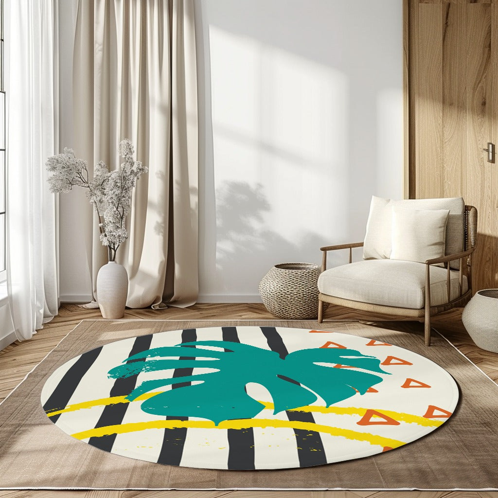 Tropikal Desenli Yapraklı 3 Kaymaz Taban Yıkanabilir Yuvarlak Halı