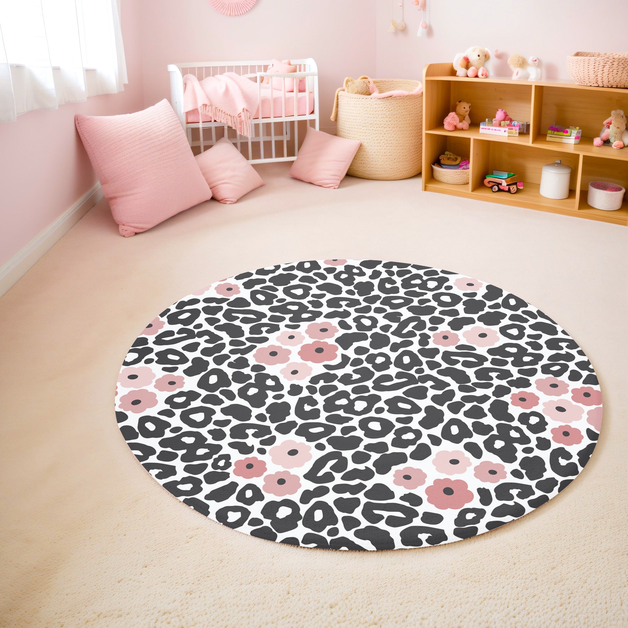 Hayvan Desenli Leopar Flamingo 3 Kaymaz Taban Yıkanabilir Yuvarlak Halı