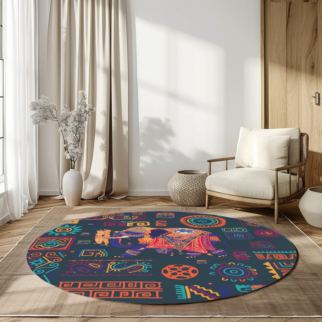 Hindistan Fili 1 Kaymaz Taban Yıkanabilir Yuvarlak Halı