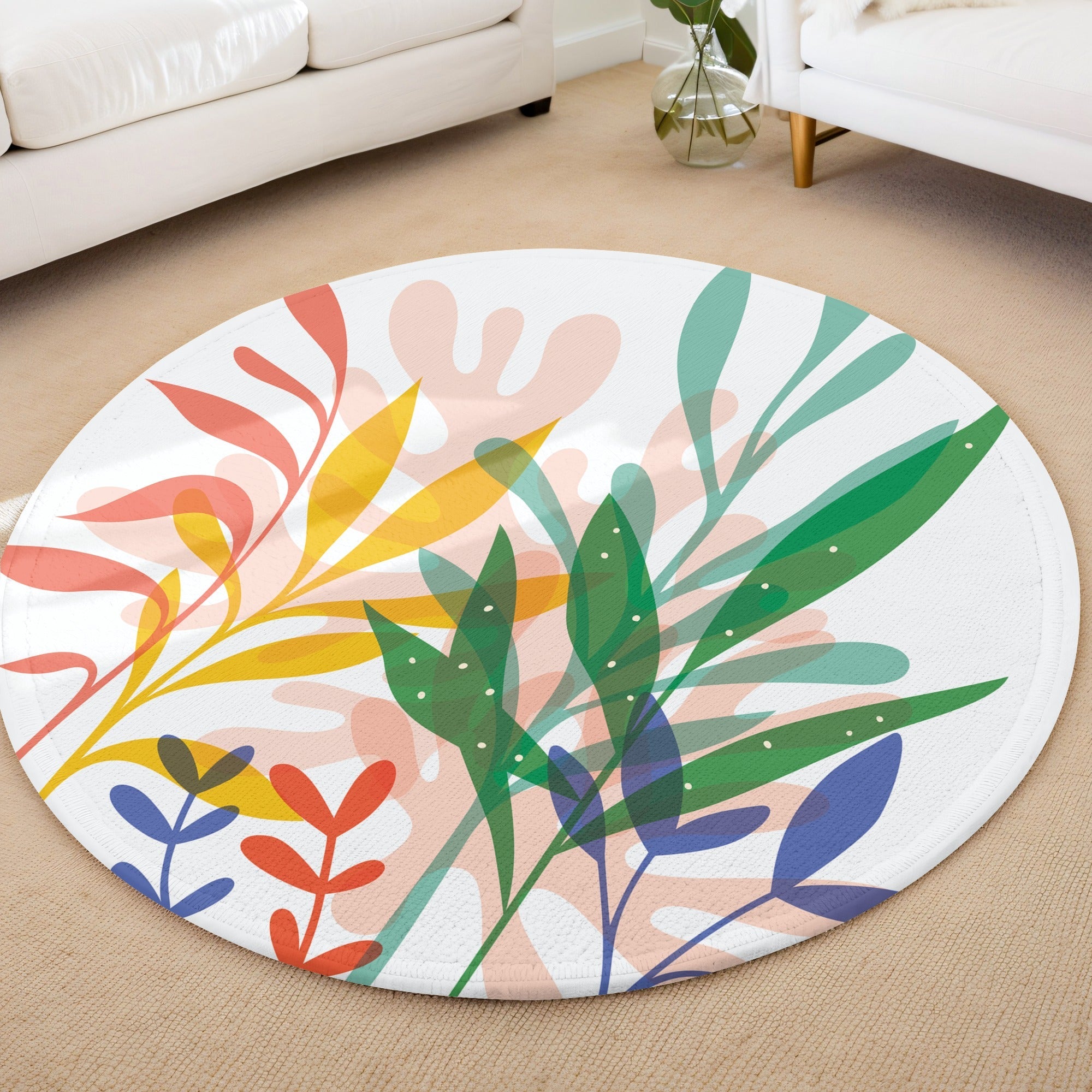 Tropikal Renkli Yapraklar Kaymaz Taban Yıkanabilir Yuvarlak Halı