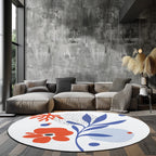 Çiçek Desenli Mavi Turuncu 2 Kaymaz Taban Yıkanabilir Yuvarlak Halı