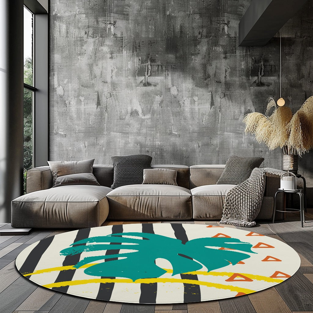 Tropikal Desenli Yapraklı 3 Kaymaz Taban Yıkanabilir Yuvarlak Halı