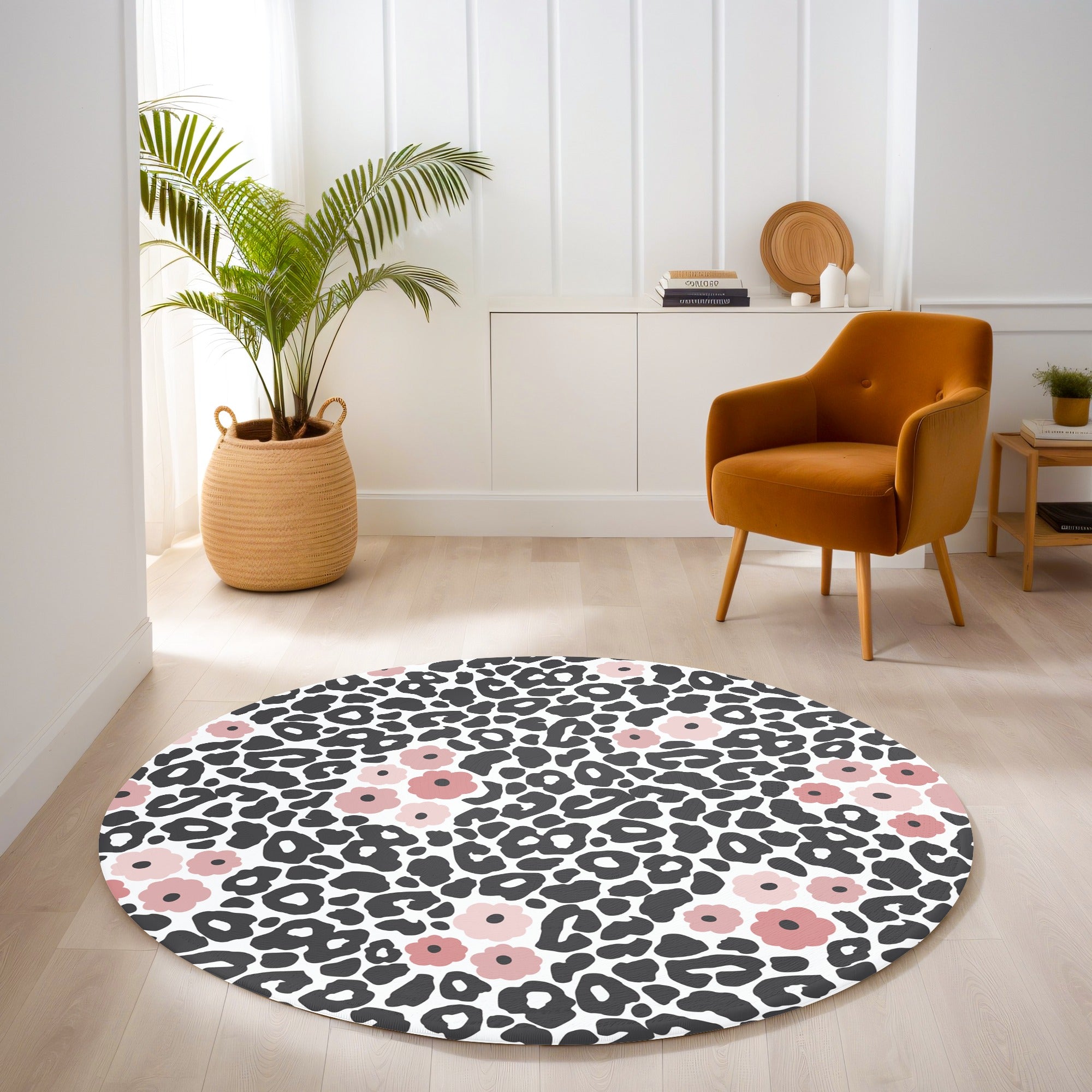 Hayvan Desenli Leopar Flamingo 3 Kaymaz Taban Yıkanabilir Yuvarlak Halı