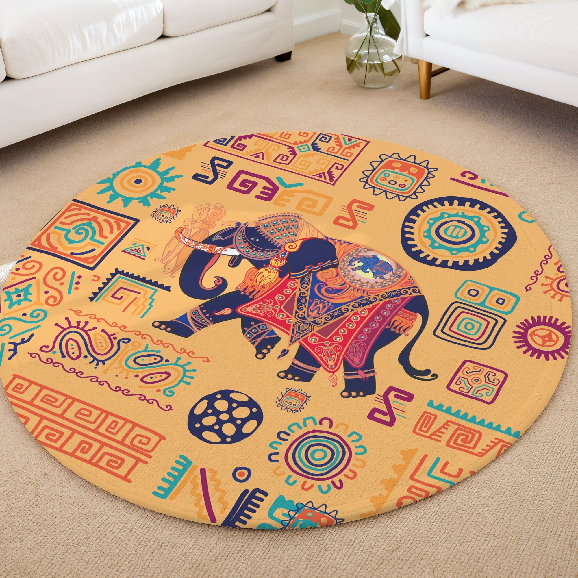 Hindistan Fili 2 Kaymaz Taban Yıkanabilir Yuvarlak Halı