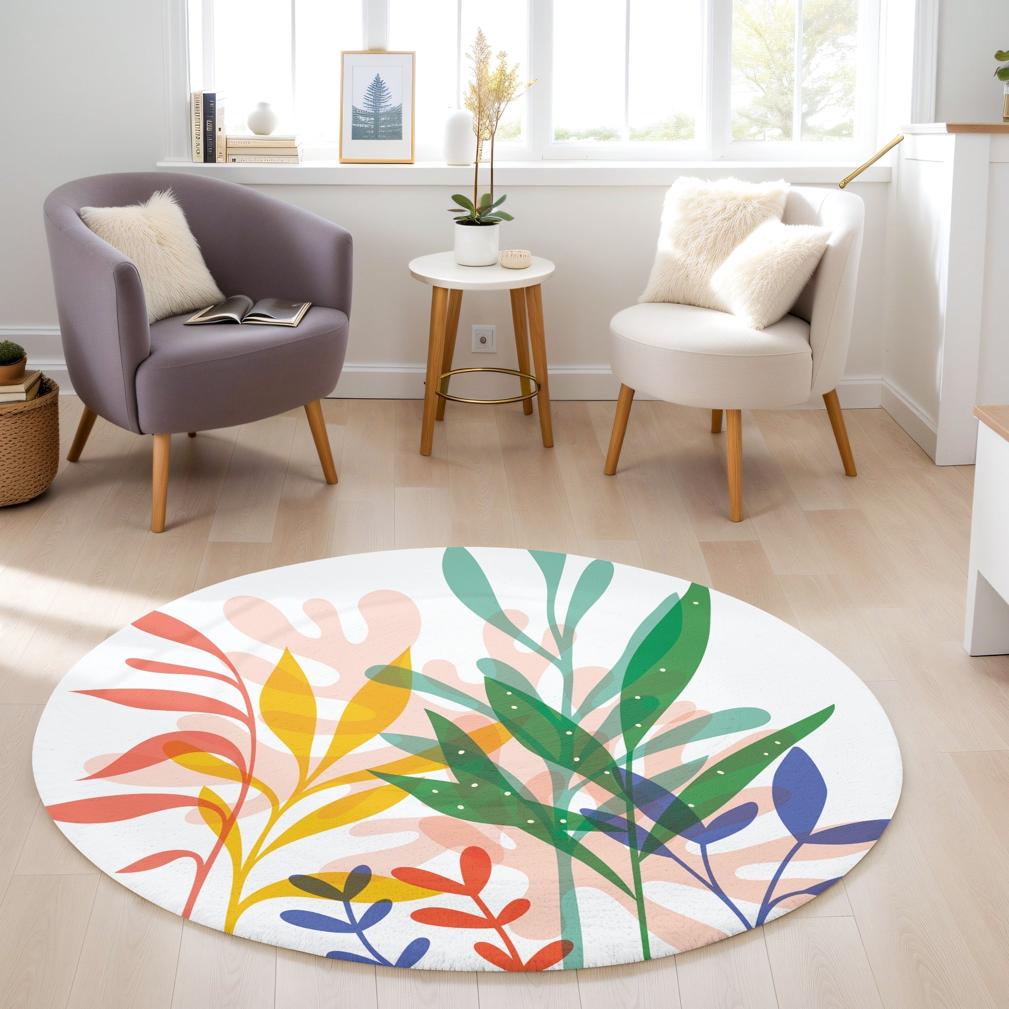 Tropikal Renkli Yapraklar Kaymaz Taban Yıkanabilir Yuvarlak Halı