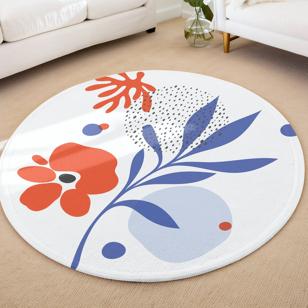 Çiçek Desenli Mavi Turuncu 2 Kaymaz Taban Yıkanabilir Yuvarlak Halı