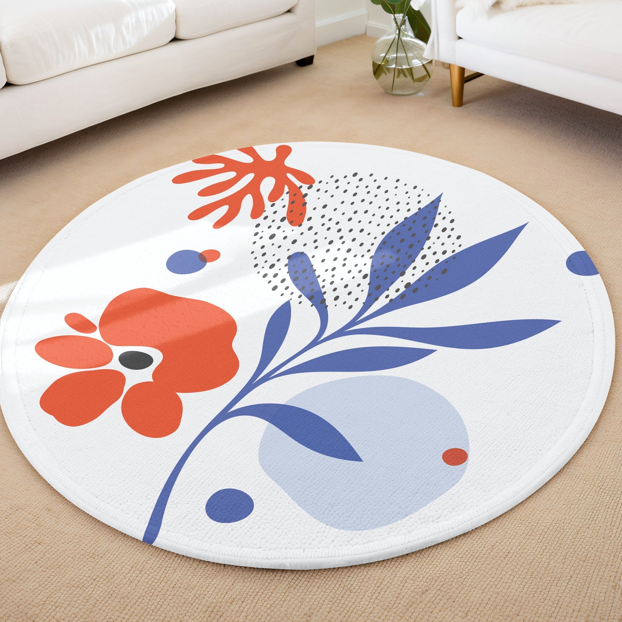 Çiçek Desenli Mavi Turuncu 2 Kaymaz Taban Yıkanabilir Yuvarlak Halı