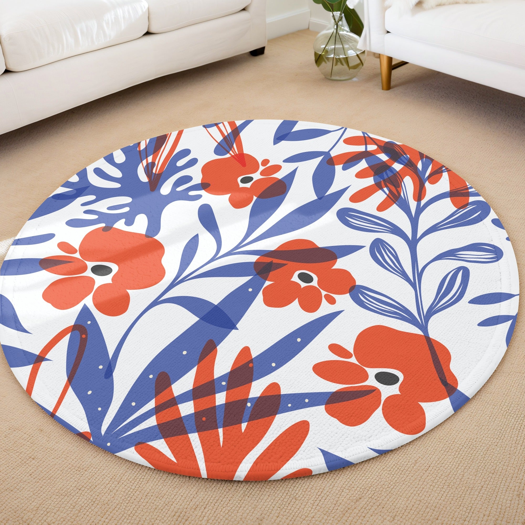 Çiçek Desenli Mavi Turuncu 1 Kaymaz Taban Yıkanabilir Yuvarlak Halı