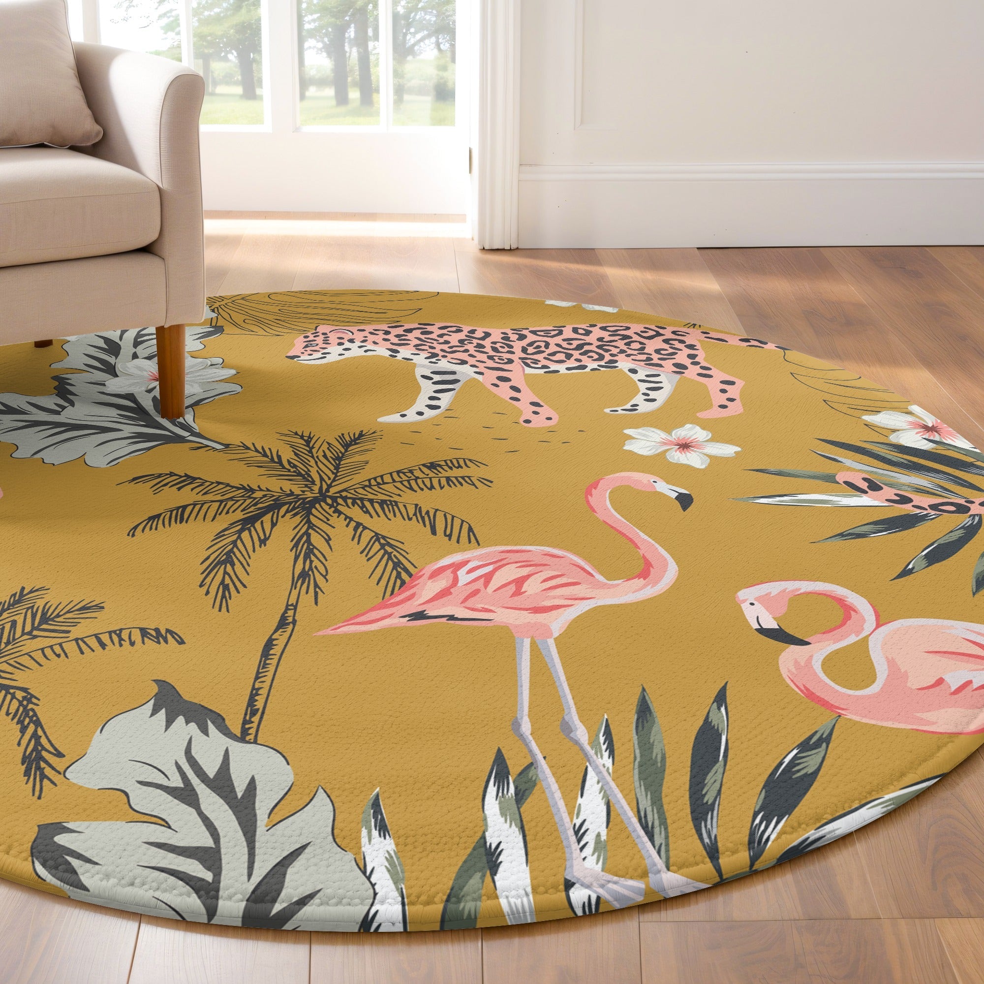 Hayvan Desenli Leopar Flamingo 2 Kaymaz Taban Yıkanabilir Yuvarlak Halı