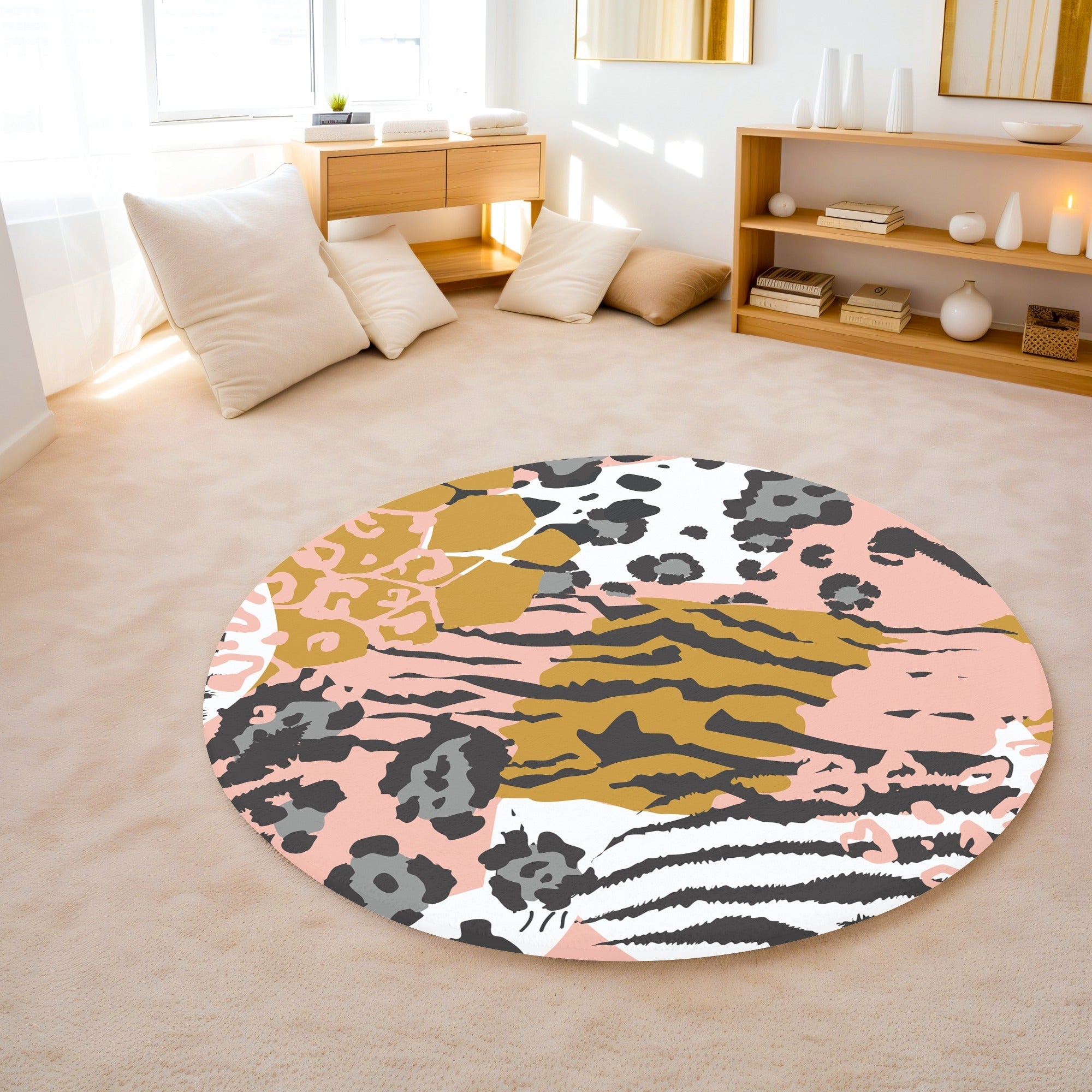 Hayvan Desenli Leopar Flamingo 1 Kaymaz Taban Yıkanabilir Yuvarlak Halı